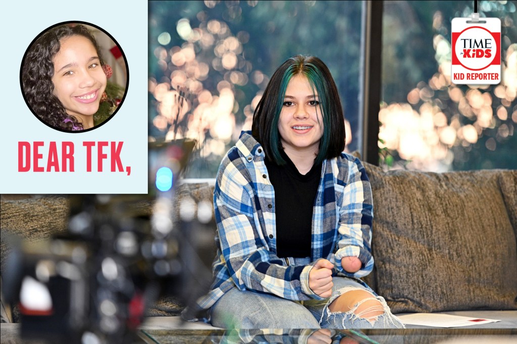On top left: circle with girl smiling. Red text under that says "DEAR TFK." Girl sitting on a couch.