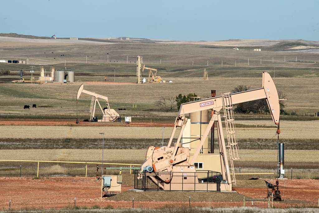 oil pumps in a wheat field