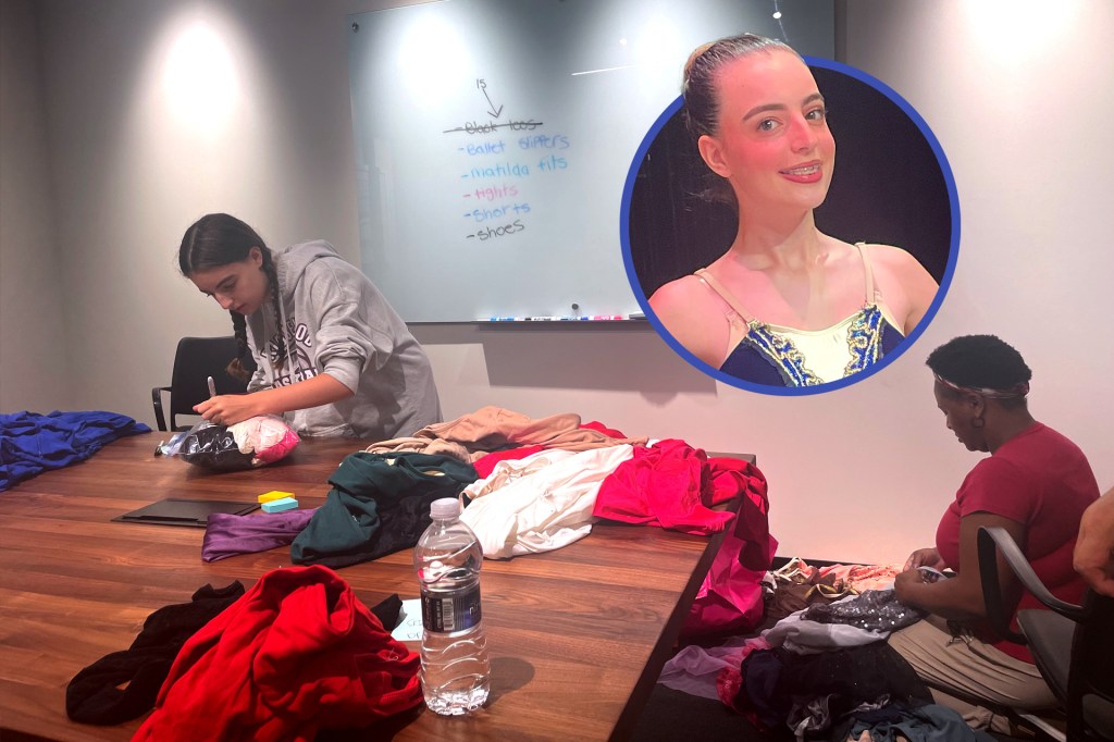 Two people sort and fold dance clothes on a table while a dancer’s portrait appears in a circle inset.