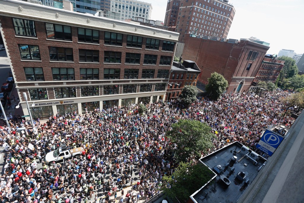 Thousands of counter protesters march in Boston on August 19