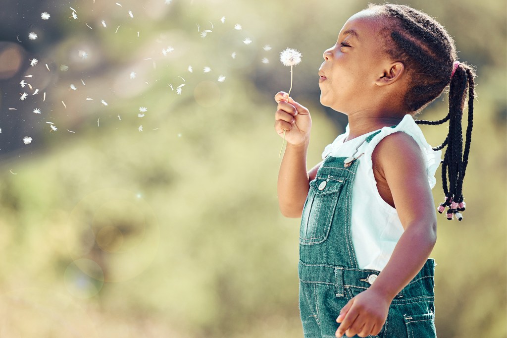 A girl standing outdoors blowing seeds off of a dandelion.