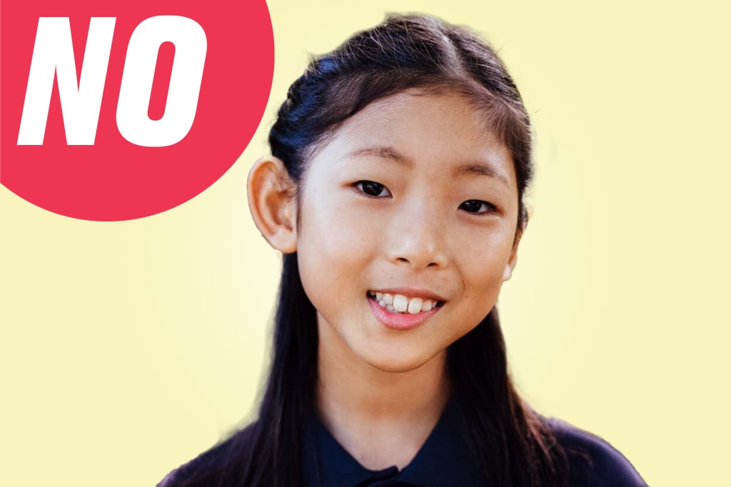 Portrait of a smiling girl with long dark hair against a yellow background with a red circle labeled “NO.”