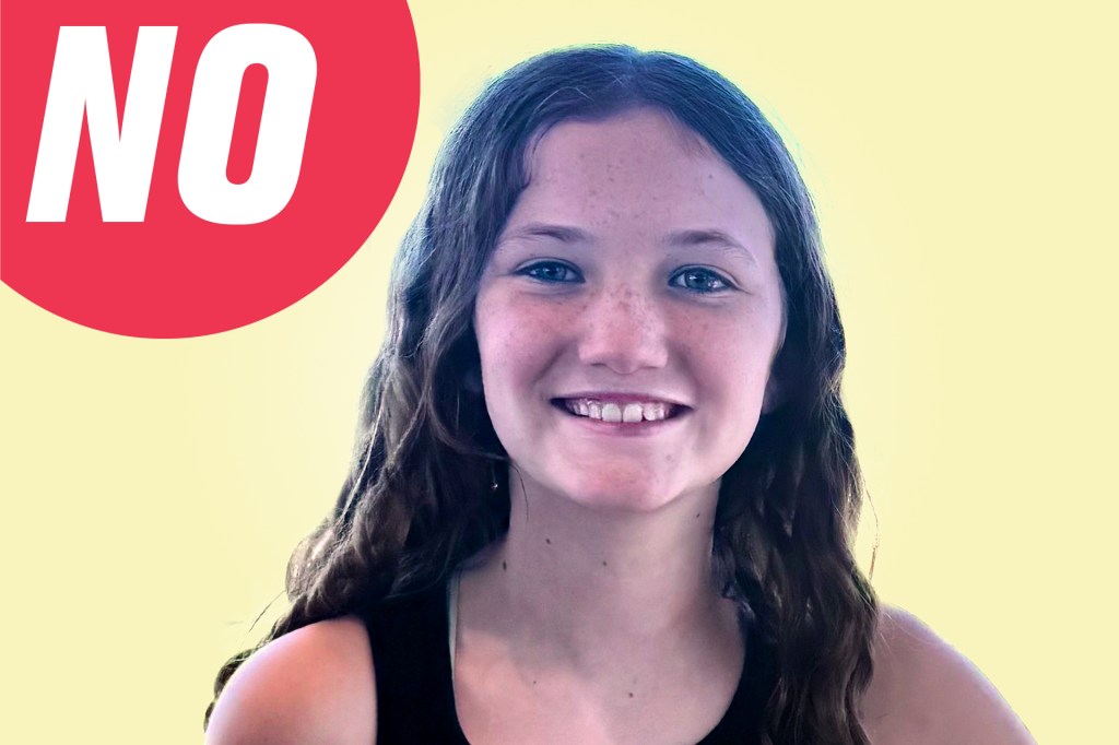 Portrait of a smiling girl with wavy hair against a yellow background with a red circle labeled “NO.”