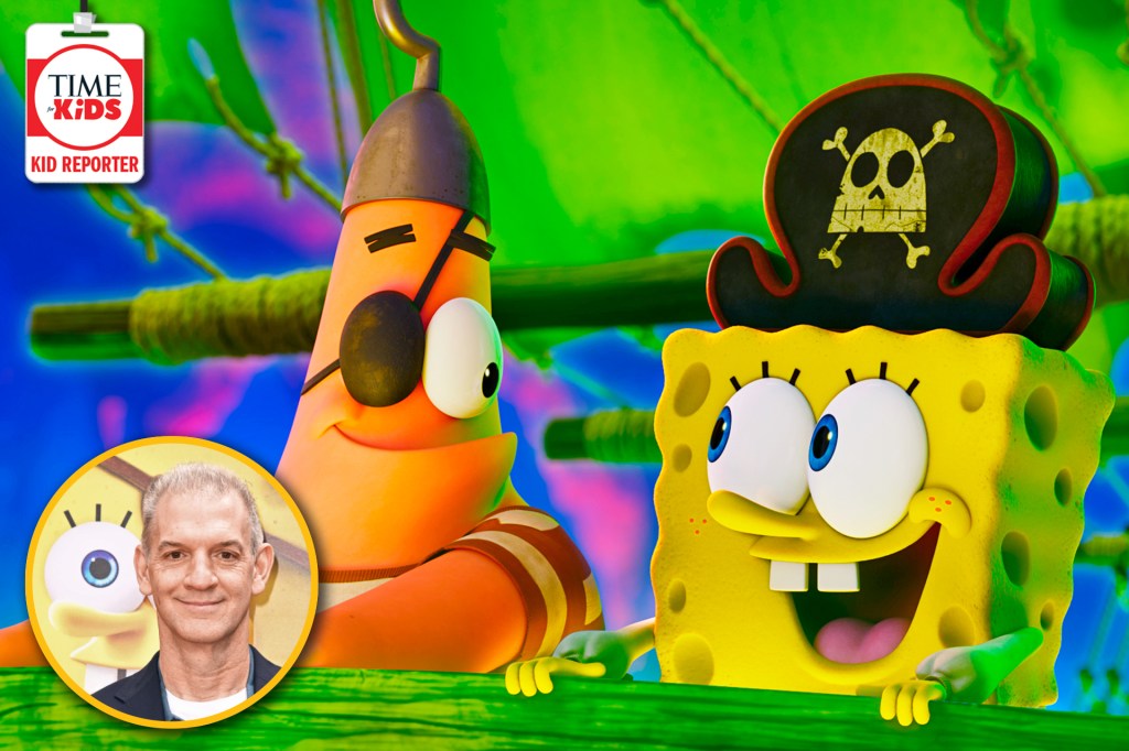 Animated scene showing SpongeBob SquarePants dressed as a pirate beside Patrick Star, who wears a hook and eye patch. A small inset photo shows a smiling man, and a TIME for Kids Kid Reporter badge appears in the corner.