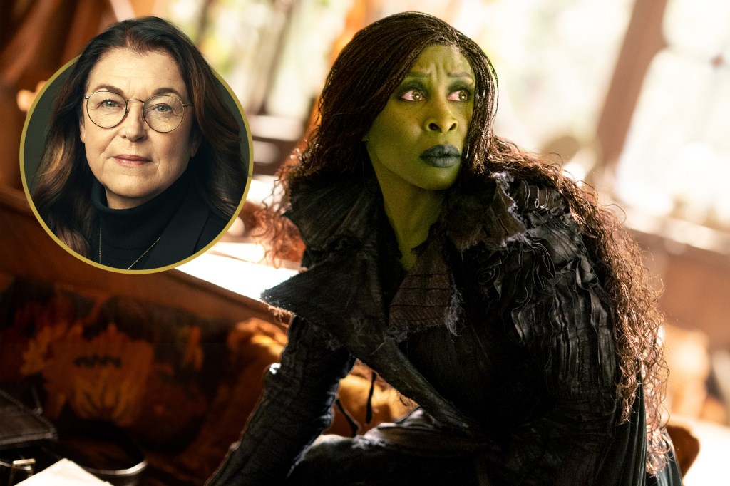 Scene from a fantasy movie showing a woman with green skin in a dark costume, crouching and looking alert. A small inset photo shows another woman with glasses.