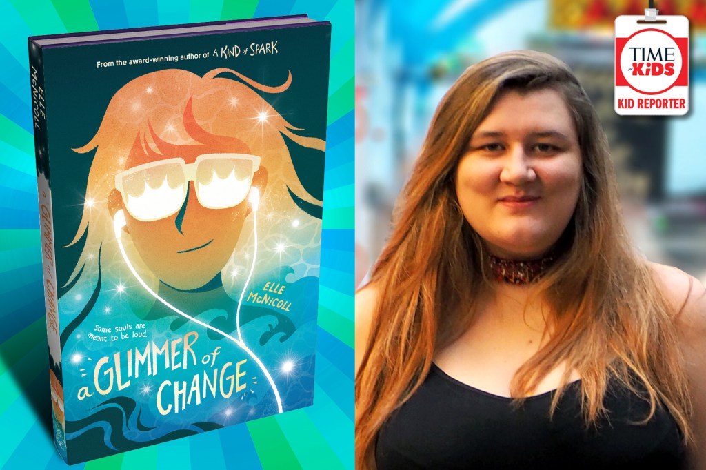 The cover of the book, “A Glimmer of Change” next to the portrait of a woman with long auburn hair and a black shirt with a TIME for Kids Kid Reporter badge.