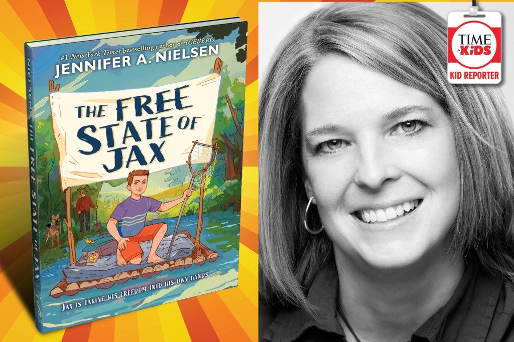 Book cover “The Free State of Jax” with a boy rafting, next to a smiling woman’s black‑and‑white portrait; TIME for Kids Kid Reporter badge.