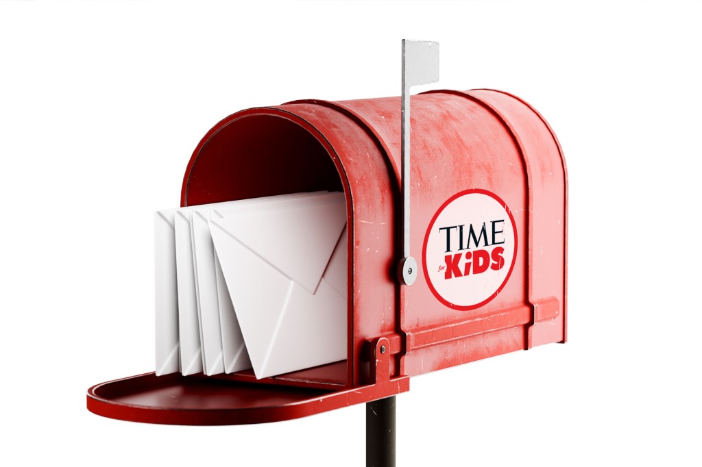 Red mailbox with TIME for KIDS logo, open with white envelopes inside, flag raised.