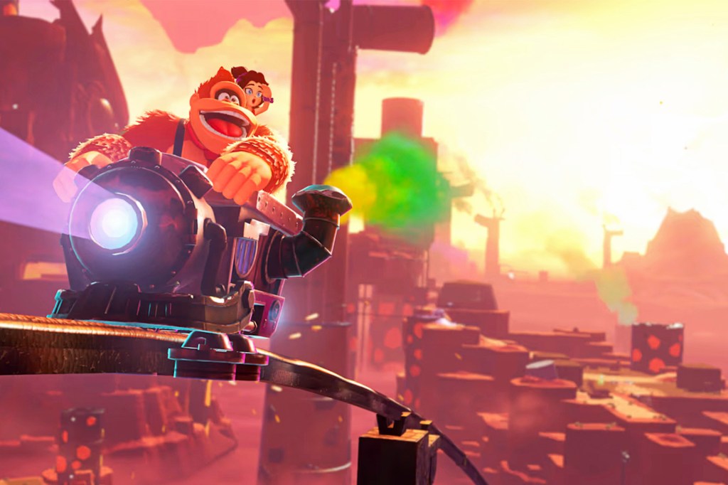 Donkey Kong rides a mine cart at sunset.