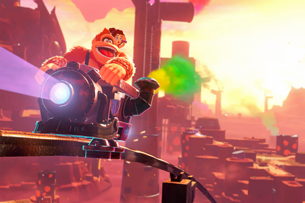 Donkey Kong rides a mine cart at sunset.