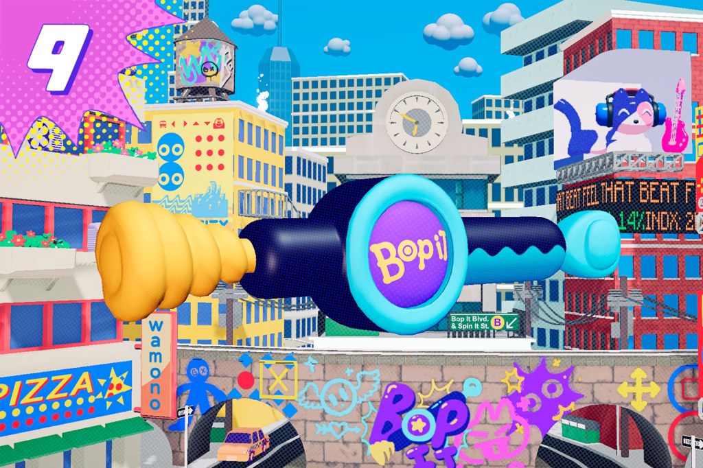 A giant Bop It toy floats over a bright cartoon city.