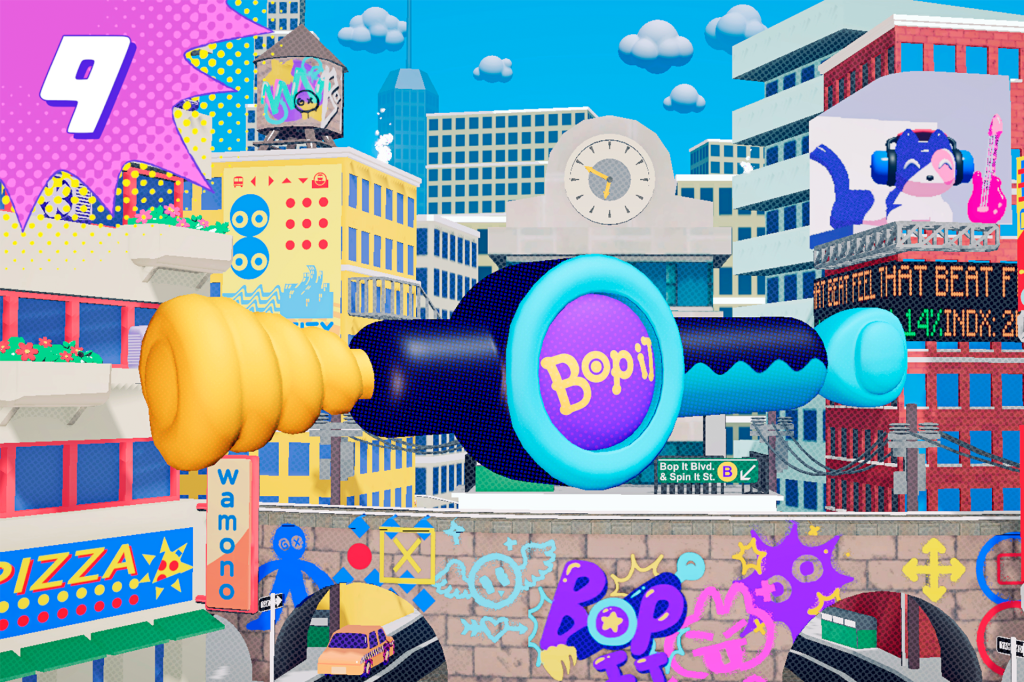 A giant Bop It toy floats over a bright cartoon city.