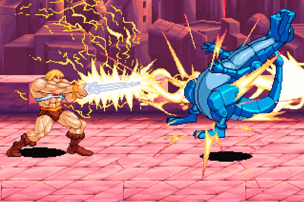 He‑Man swings his glowing sword at a blue robot.