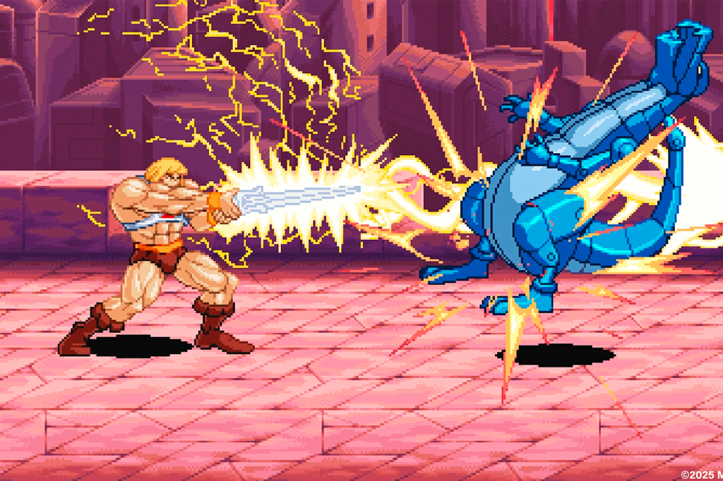 He‑Man swings his glowing sword at a blue robot.