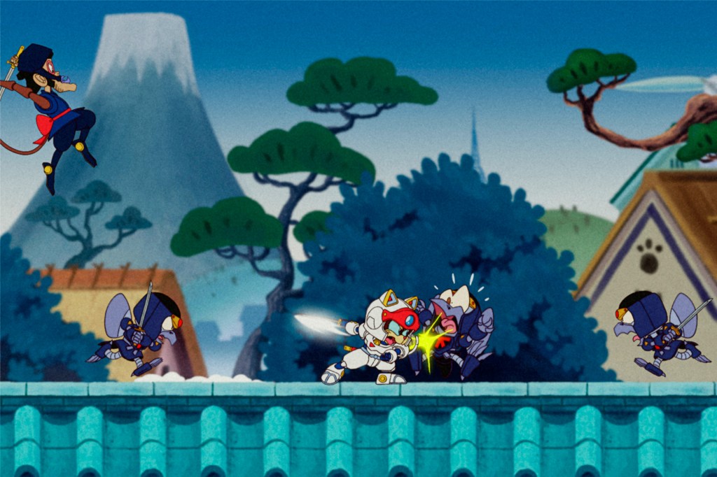 A robot cat hero fights ninjas on a rooftop.