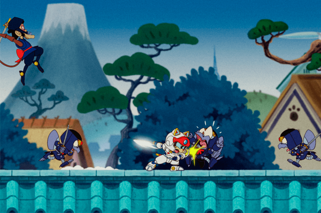 A robot cat hero fights ninjas on a rooftop.