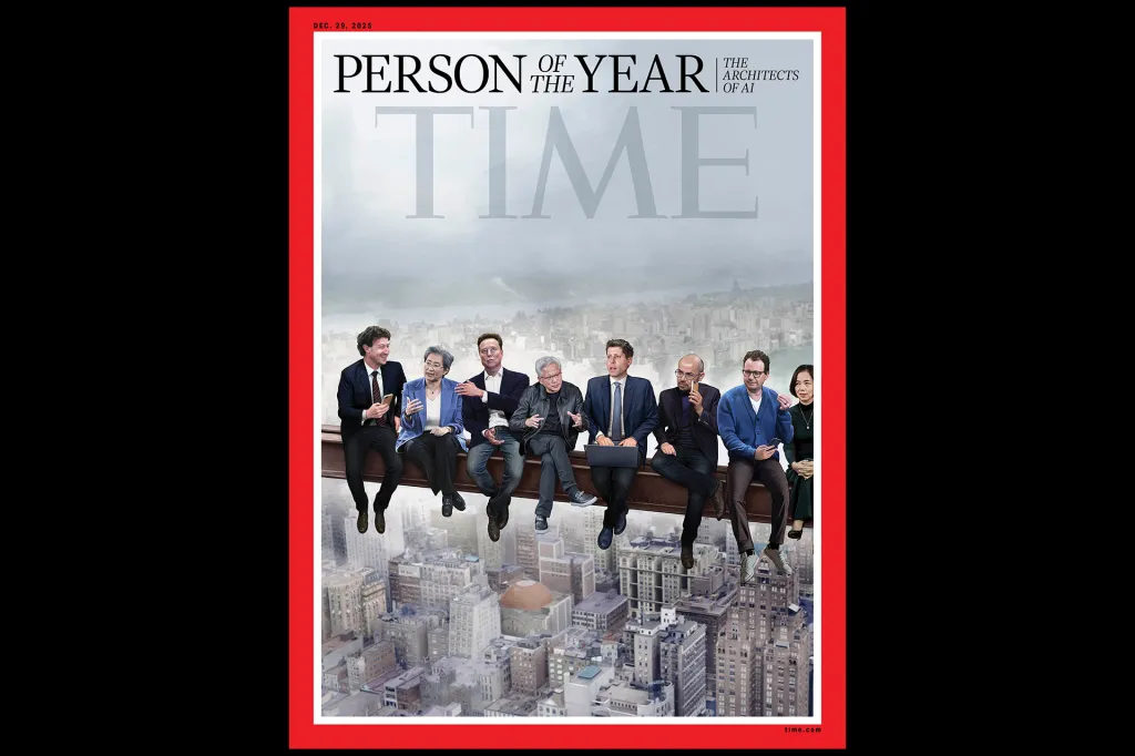 TIME cover: group sits on a steel beam above a city.