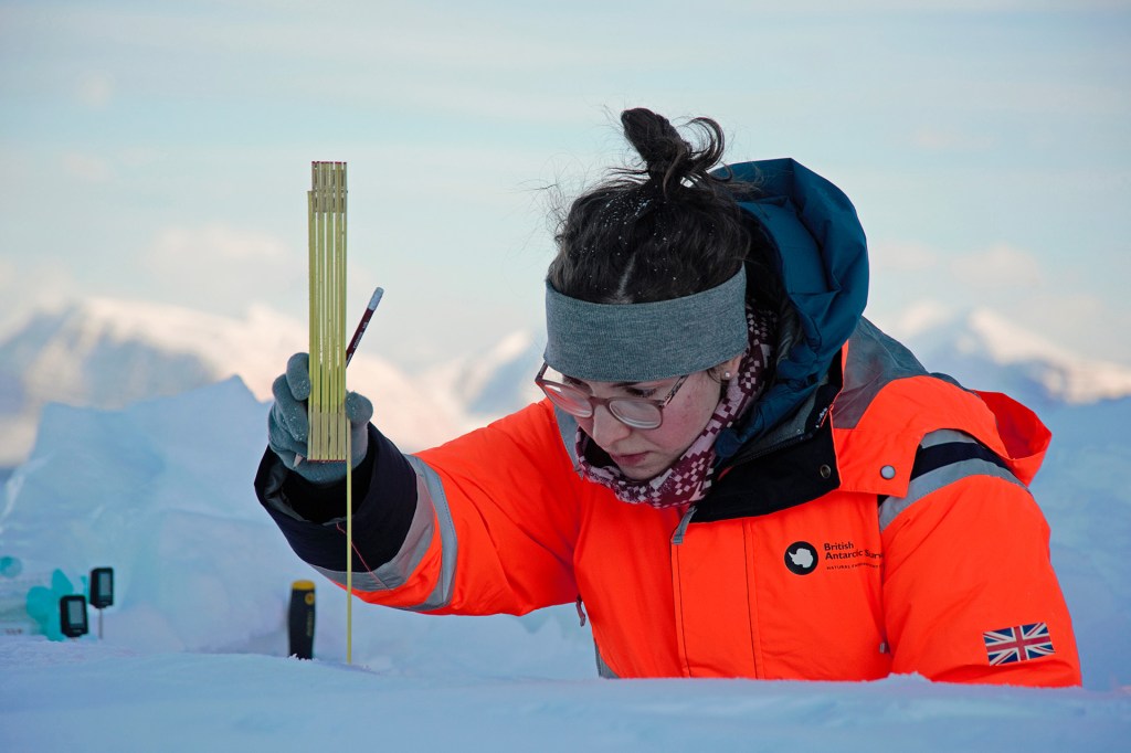 A researcher wearing an orange parka carefully measures snow using a yellow folding ruler in a snowy landscape.
