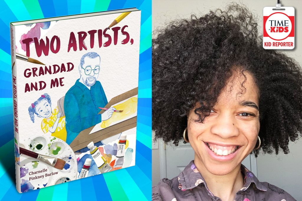 On the left, the cover of the book, Two Artists, Grandad and Me. On the right, a smiling woman with curly hair. A TFK Kid Reporter badge is in the top right corner.