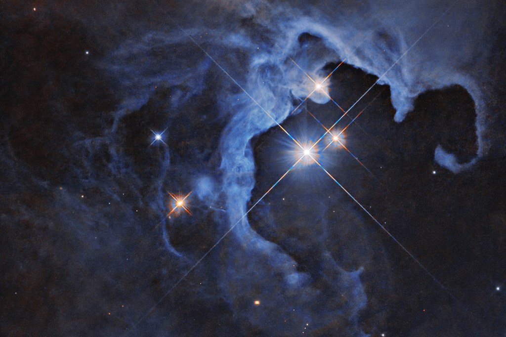 Bright young stars shine through thick blue clouds of gas and dust in a distant space nebula.
