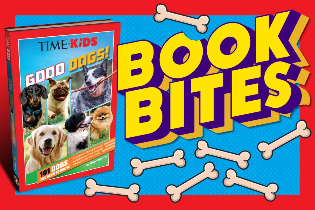 A colorful graphic shows a TIME for Kids book called “Good Dogs!” next to the text “Book Bites,” in yellow with cartoon dog bones around it.