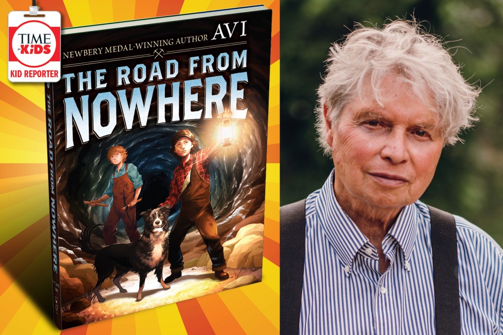 On the left, the book cover for The Road From Nowhere shows two children and a dog holding a lantern inside a dark tunnel. On the right, a portrait shows an older man with gray hair wearing a striped shirt and suspenders, standing outdoors.