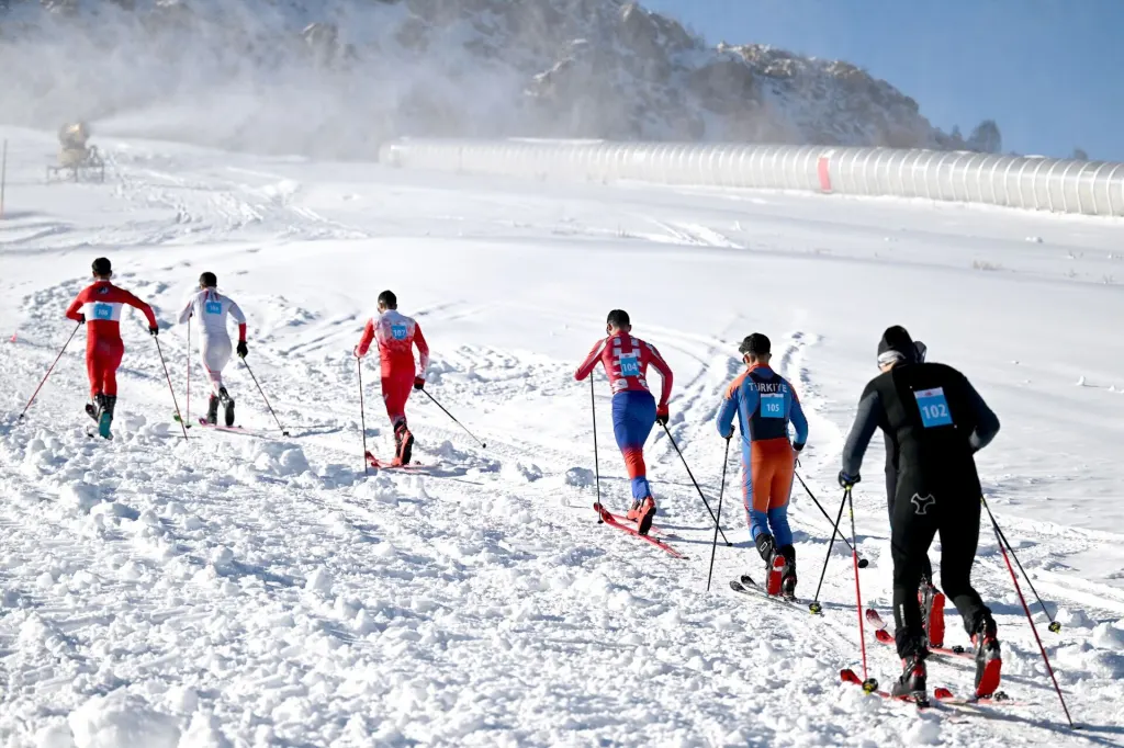 A group of skiers wearing numbered race bibs climb uphill on skis, using poles to move across a snowy mountain slope.