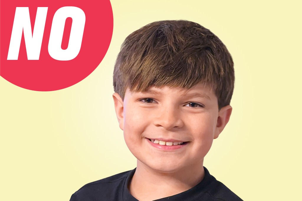 A smiling boy next to a red “NO” speech bubble.