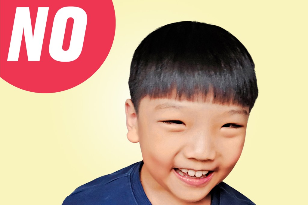 A smiling boy next to a red “NO” speech bubble.