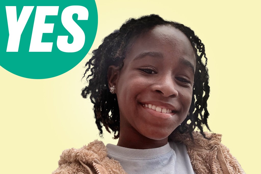 A smiling girl next to a green “YES” speech bubble.