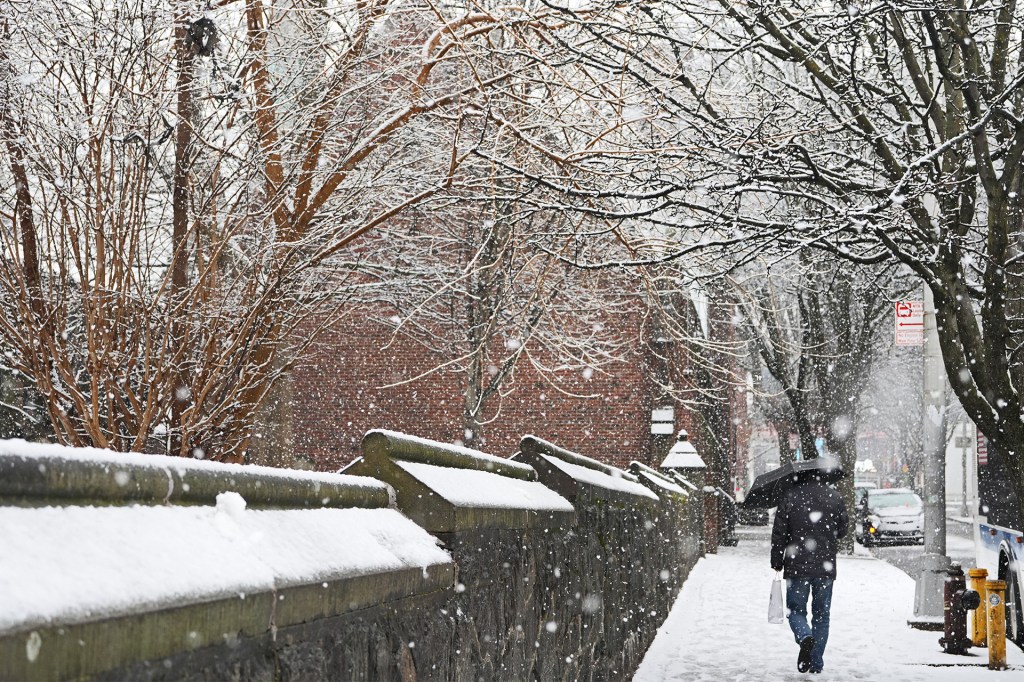 A person walks along a snowy sidewalk holding an umbrella as snow falls around bare trees.
