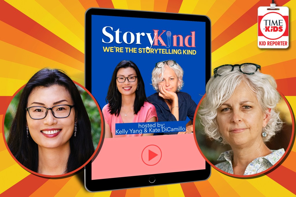 Graphic:a tablet screen with the title “StoryKind: We’re the Storytelling Kind” On each side of the tablet are large circular portraits of two women and a “TIME for Kids: Kid Reporter” badge appears in the top right corner.