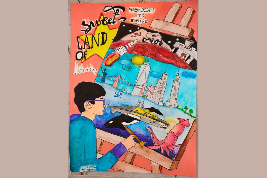 A colorful drawing shows a student painting scenes of space, the Statue of Liberty, ocean life, and city buildings.
