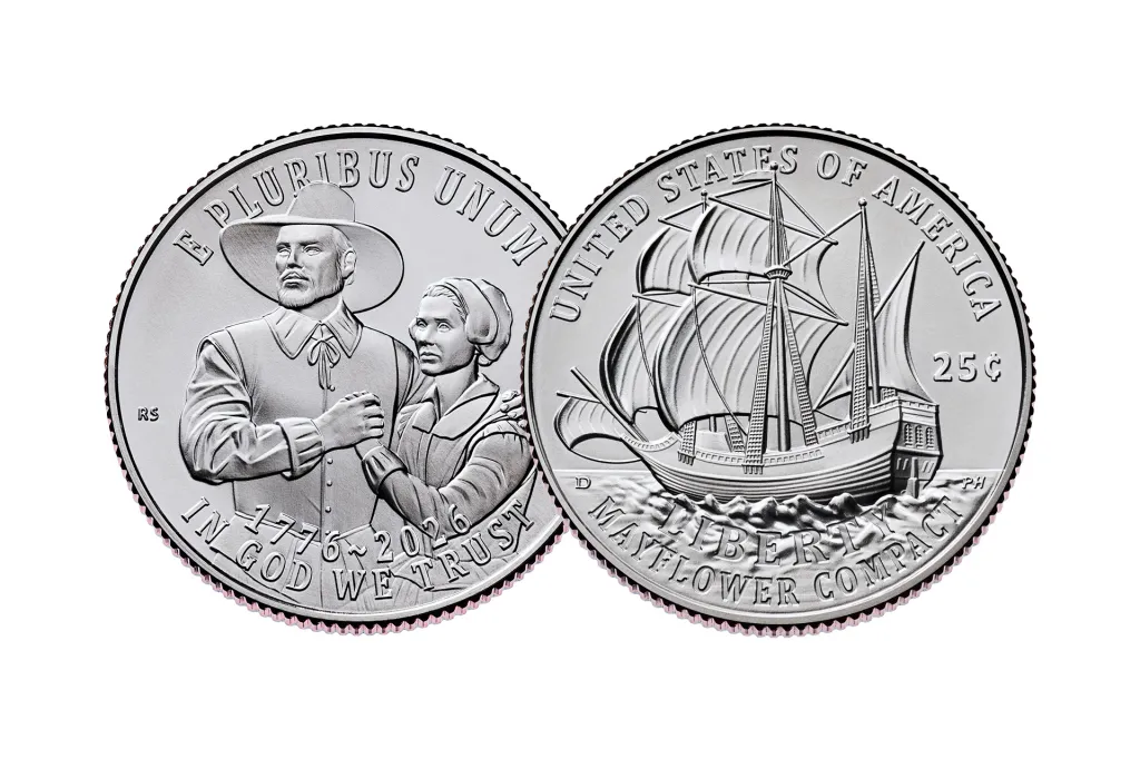 Two sides of a U.S. quarter show a Pilgrim couple on one side and a sailing ship on the other.