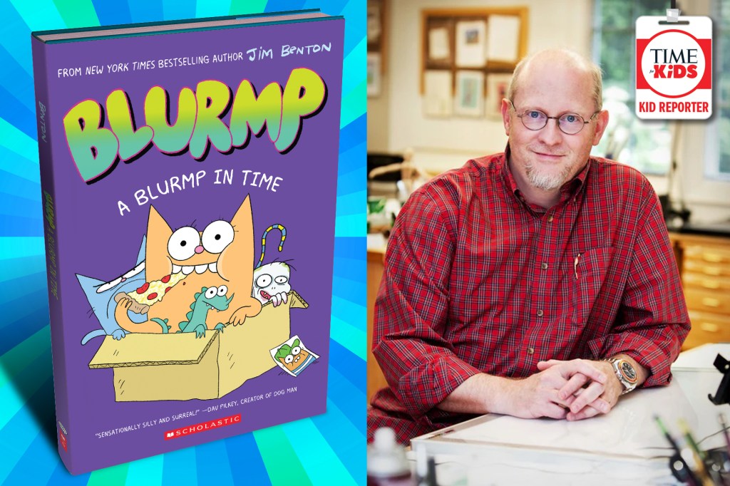 On the left, the book cover Blurmp: A Blurmp in Time shows cartoon characters popping out of a box. On the right, an author wearing glasses smiles at the camera, with a TIME for Kids Kid Reporter badge in the corner.