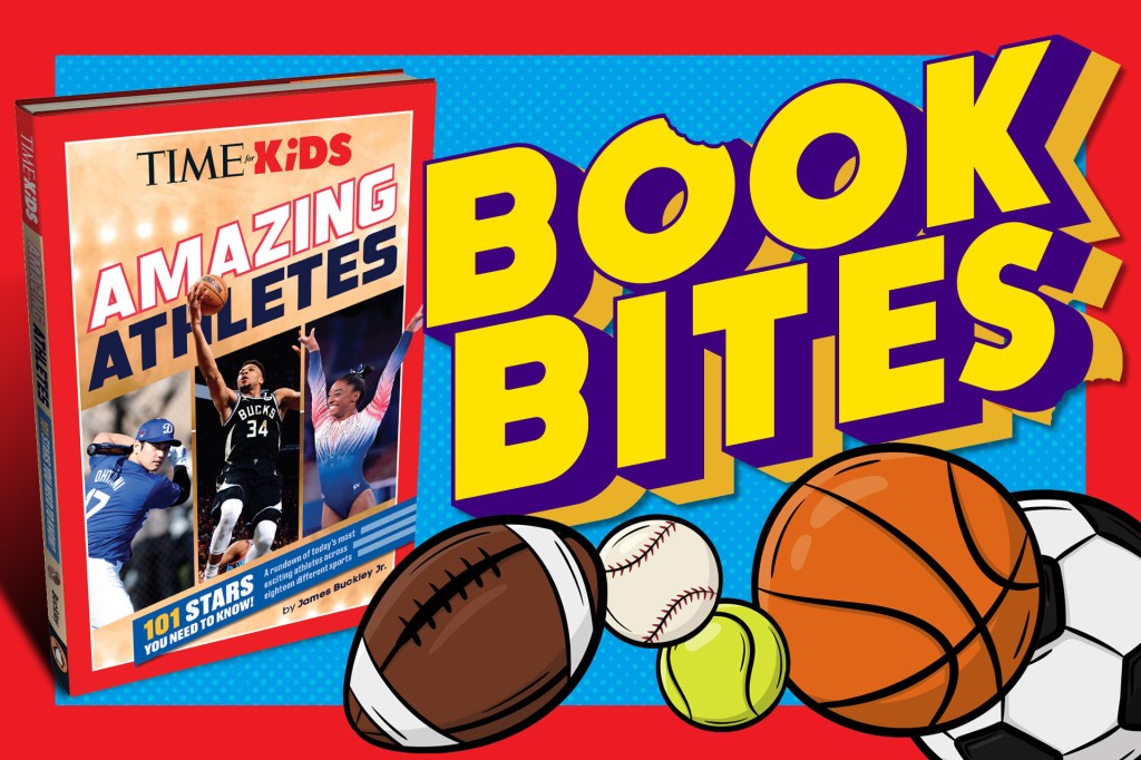 A TIME for Kids book titled Amazing Athletes appears next to large text reading “Book Bites,” with illustrated sports balls like a basketball, football, baseball, tennis ball, and soccer ball.