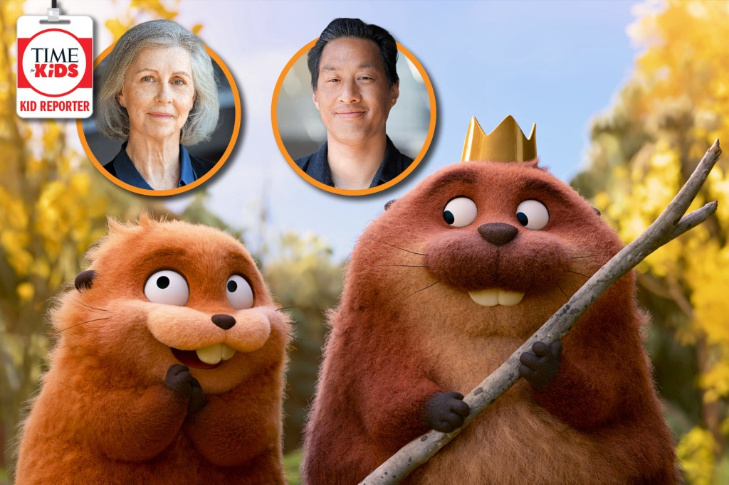 Two animated furry characters stand outdoors, one wearing a crown and holding a stick, with two small portrait photos above them and a TIME for Kids Kid Reporter badge in the corner.