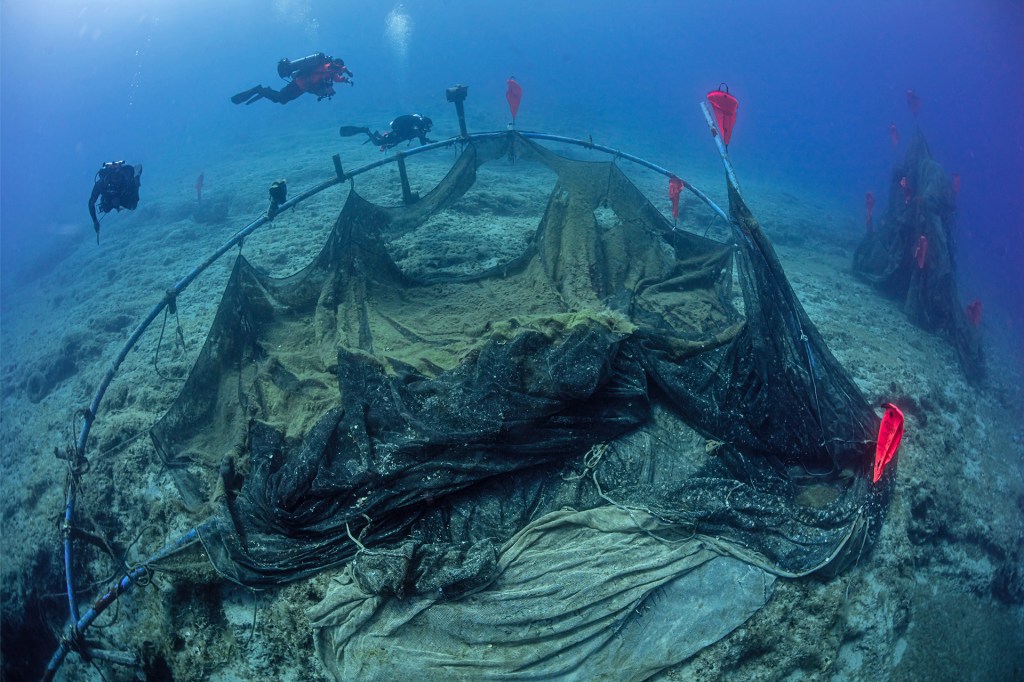Divers hover above a collapsed fishing net spread across the ocean floor.