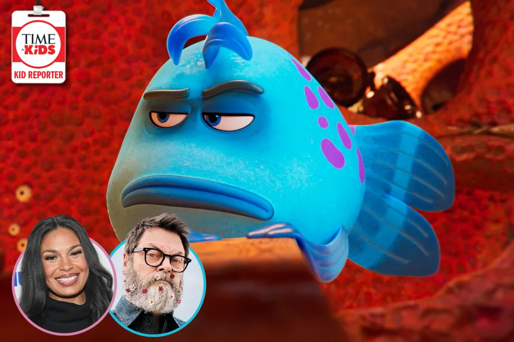 A blue cartoon fish with a grumpy face swims in a bright underwater scene, with two people shown in small circles.
