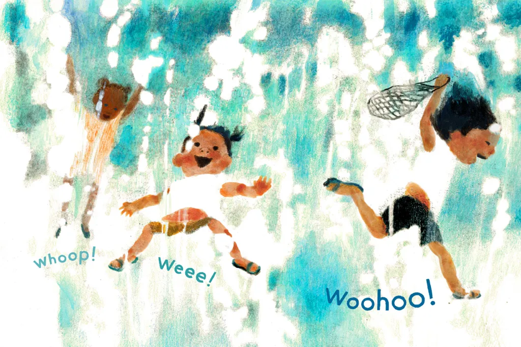 A colorful illustration shows children jumping and playing, with words like "whoop!", “weee!” and “woohoo!” around them.