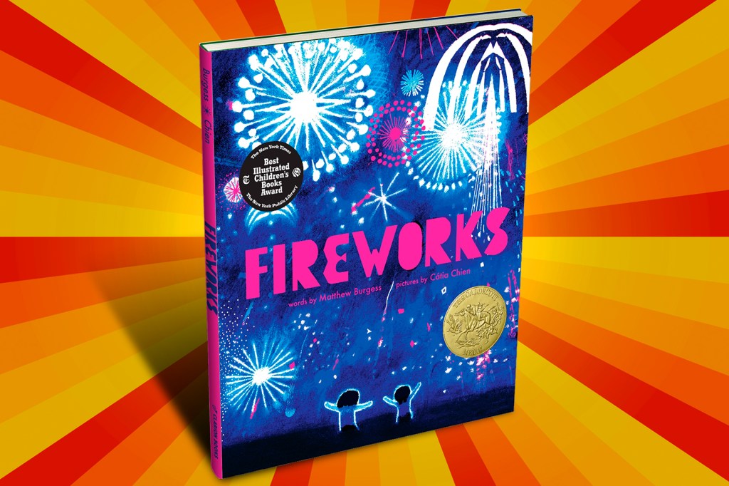 A book called Fireworks shows bright bursts of light in the night sky, with two small figures watching below.