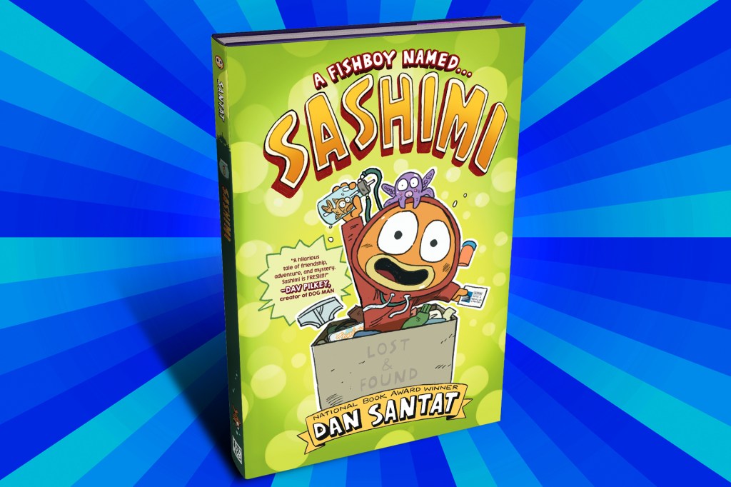 The cover of the book, "Sashimi", a cartoon fish popping out of a box, looking surprised and excited.