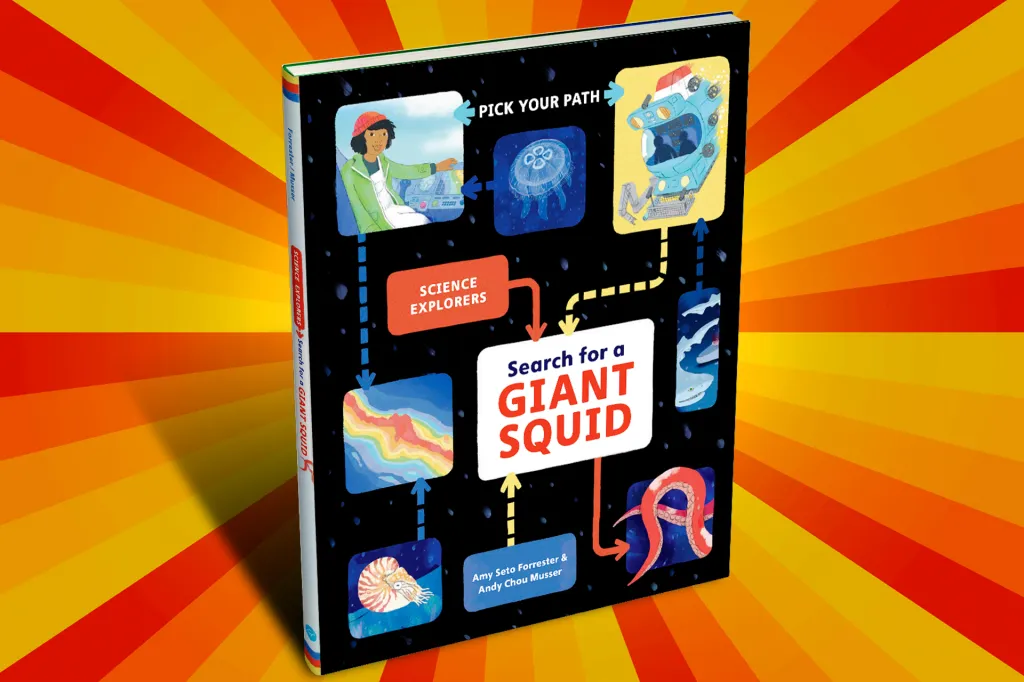 The cover of the book "Search for a Giant Squid". It has illustrations of sea life connected by colorful arrows on a black background.