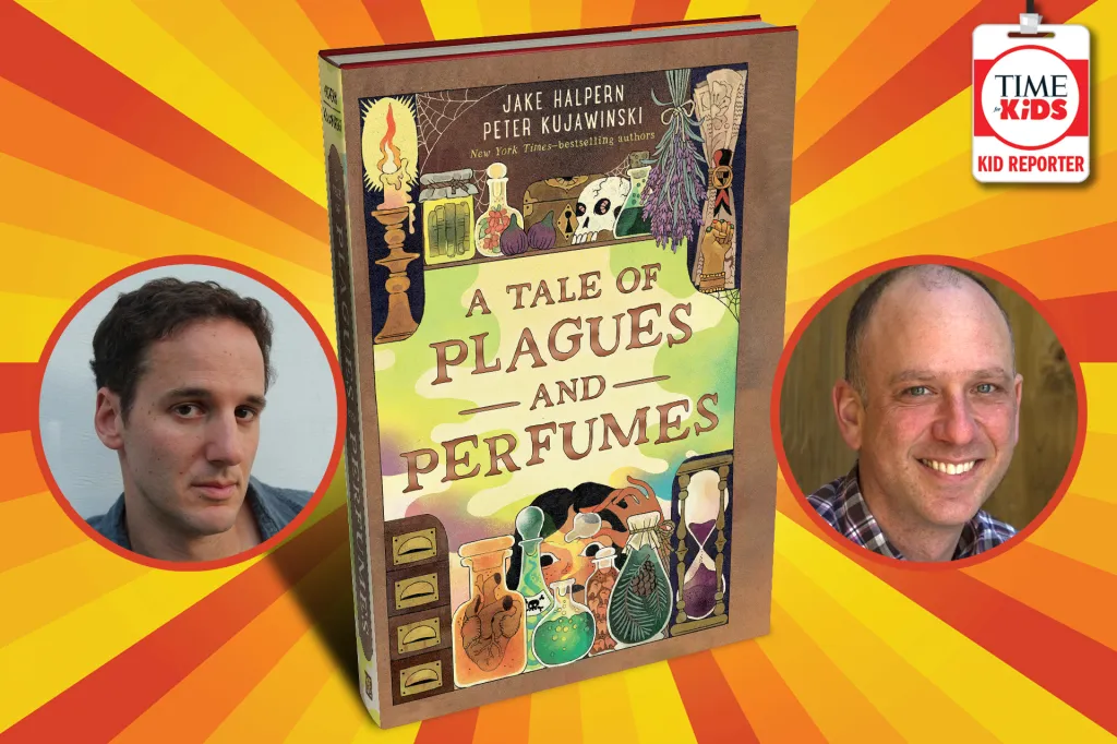 The book A Tale of Plagues and Perfumes by Jake Halpern and Peter Kujawinski stands in the center. The cover shows drawings of bottles, herbs, and an hourglass. Photos of the two authors appear in circles on each side, and a TIME for Kids Kid Reporter badge is in the corner.