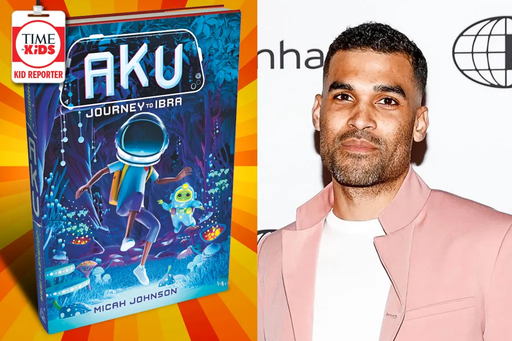 The book AKU: Journey to Ibra by Micah Johnson stands next to a photo of the author. The cover shows a child wearing a space helmet walking through a glowing, colorful forest with a small alien.