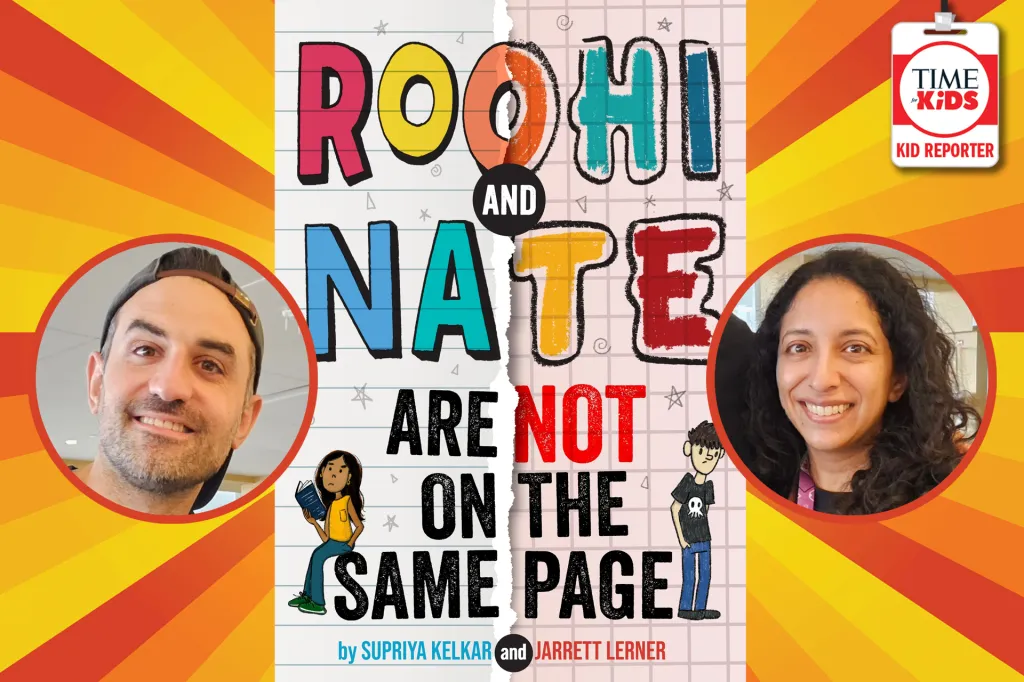 The book Roohi and Nate Are Not on the Same Page by stands in the center. The cover shows the title of the book with two kids facing away from eachother. Photos of the two authors appear in circles on each side, and a TIME for Kids Kid Reporter badge is in the corner.