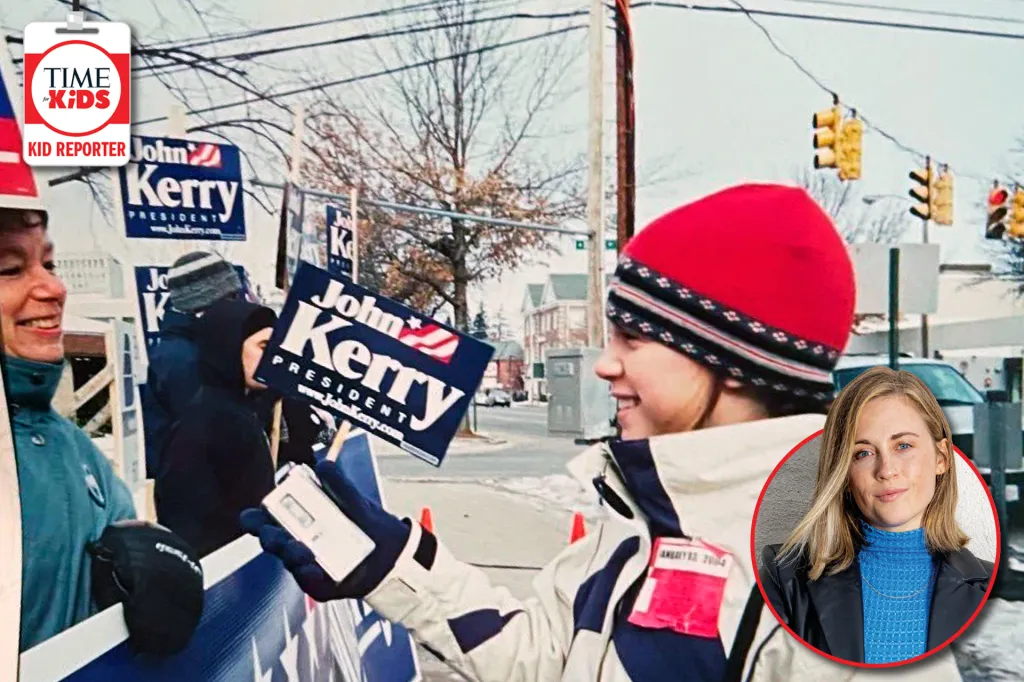 A kid reporter in a winter hat interviews a voter holding a campaign sign on a snowy street, with a small headshot of a woman in the corner.