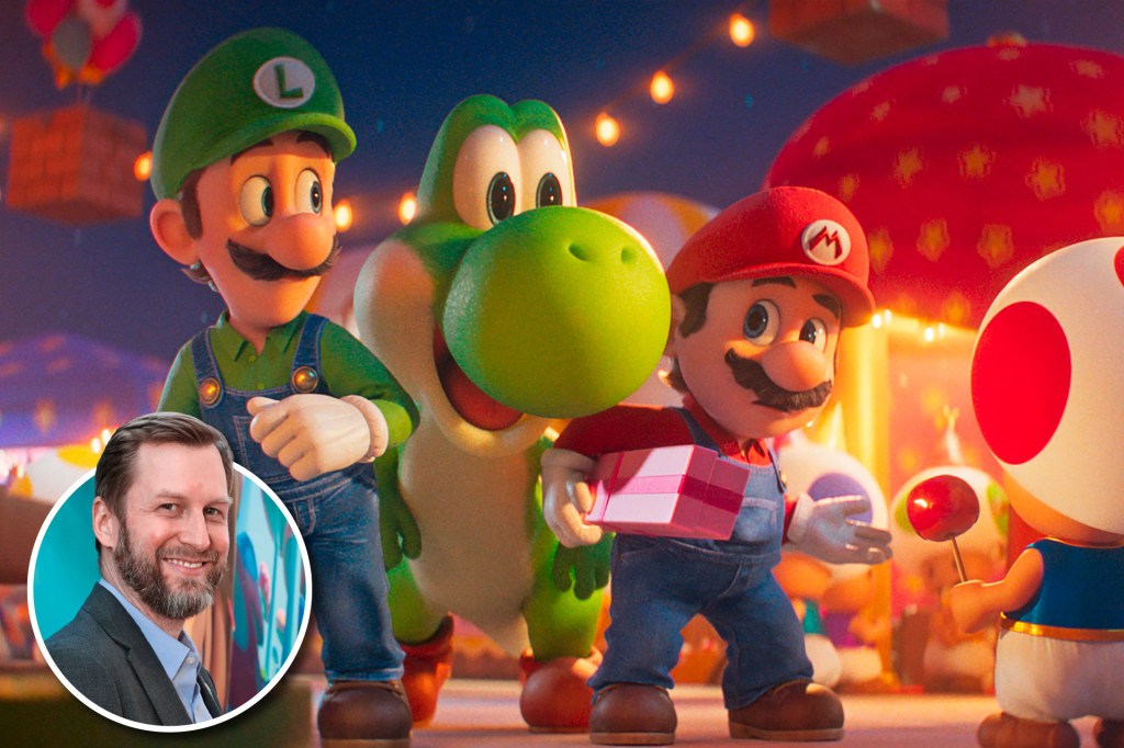 Luigi, Mario, and Yoshi stand together in a bright, animated scene with glowing lights, while a small photo of a man appears in the corner.