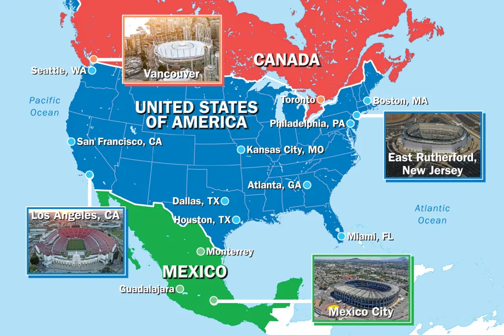 A map of North America, showing stadiums in Canada, the U.S., and Mexico