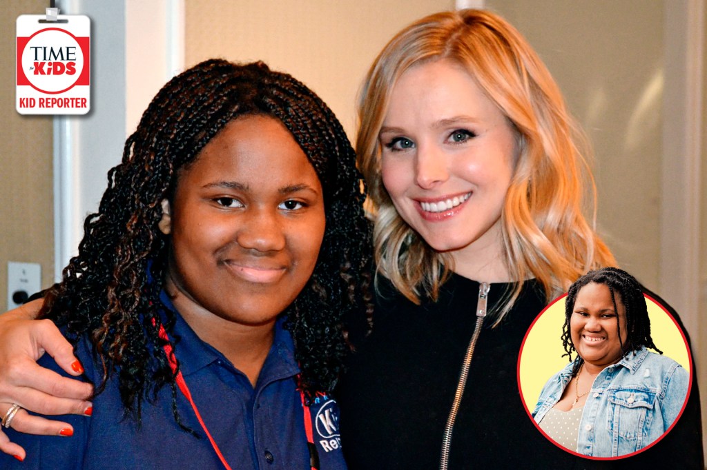 A smiling girl stands next to a smiling woman with her arm around the girl. A small inset shows the same girl. A Kid Reporter badge is in the top left corner.